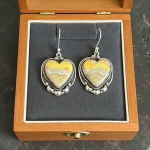 Natural Bumblebee Jasper Heart Earrings Sterling Silver Handcrafted Boho Style